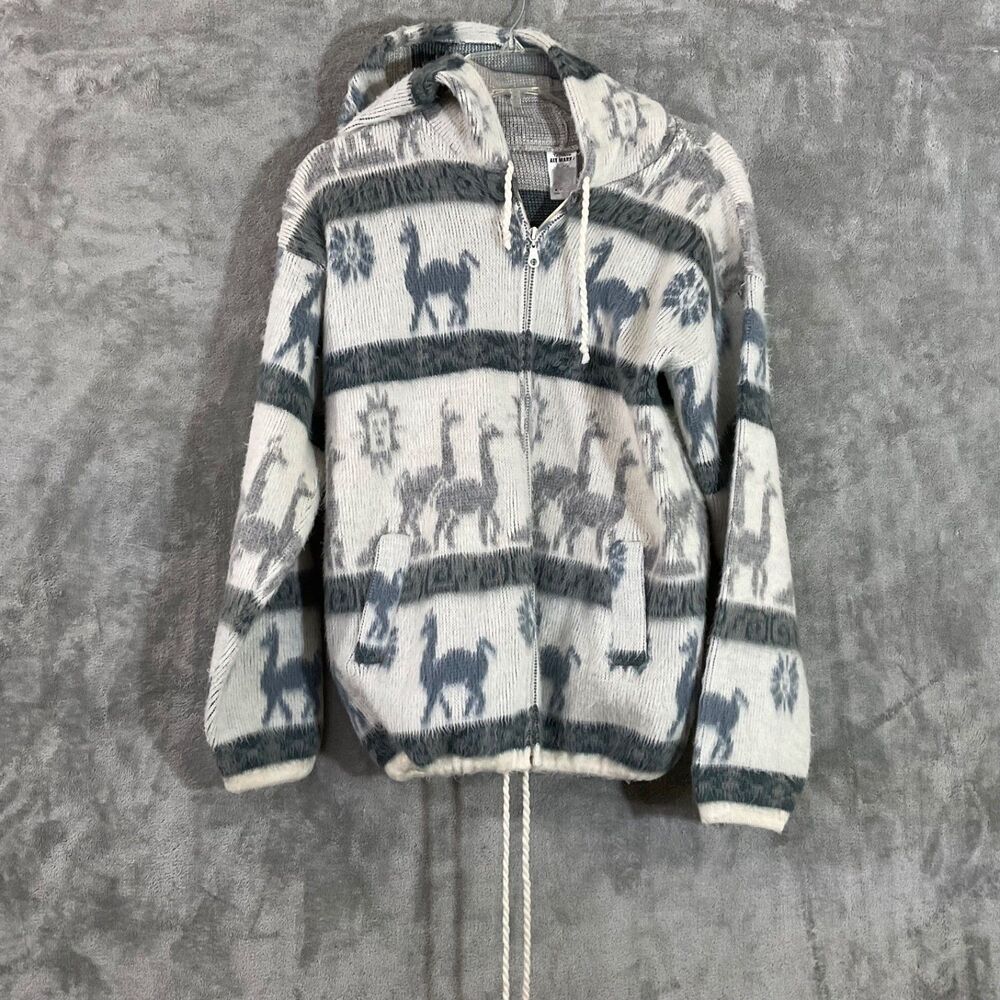 Tejidos Aly marka 100% Wool Aztec Llama Zip Up Hoodie Sweater women’s S Equidor